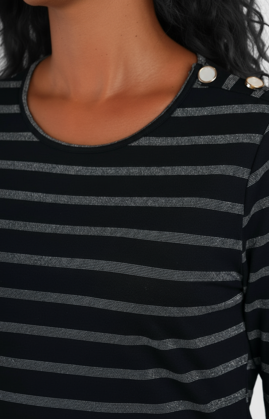 Blouse à rayures noires et argentées