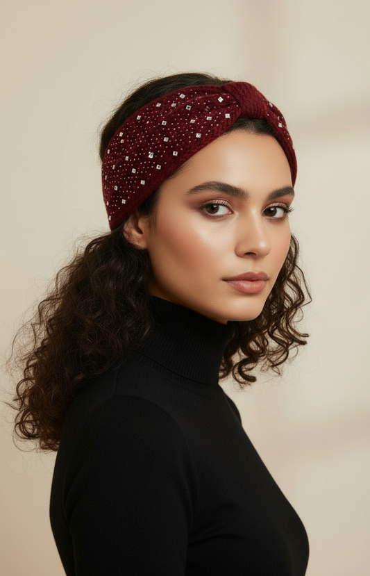 Bandeau cheveux tressé  Paillettes & strass bordeaux