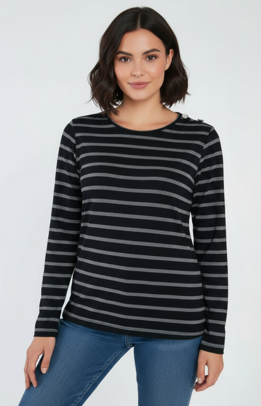 Blouse à rayures noires et argentées