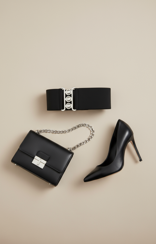 Ceinture large noire  Élastique avec boucle argentée